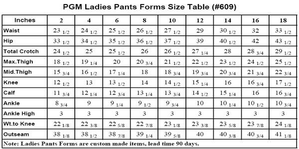 ladies pants sizes